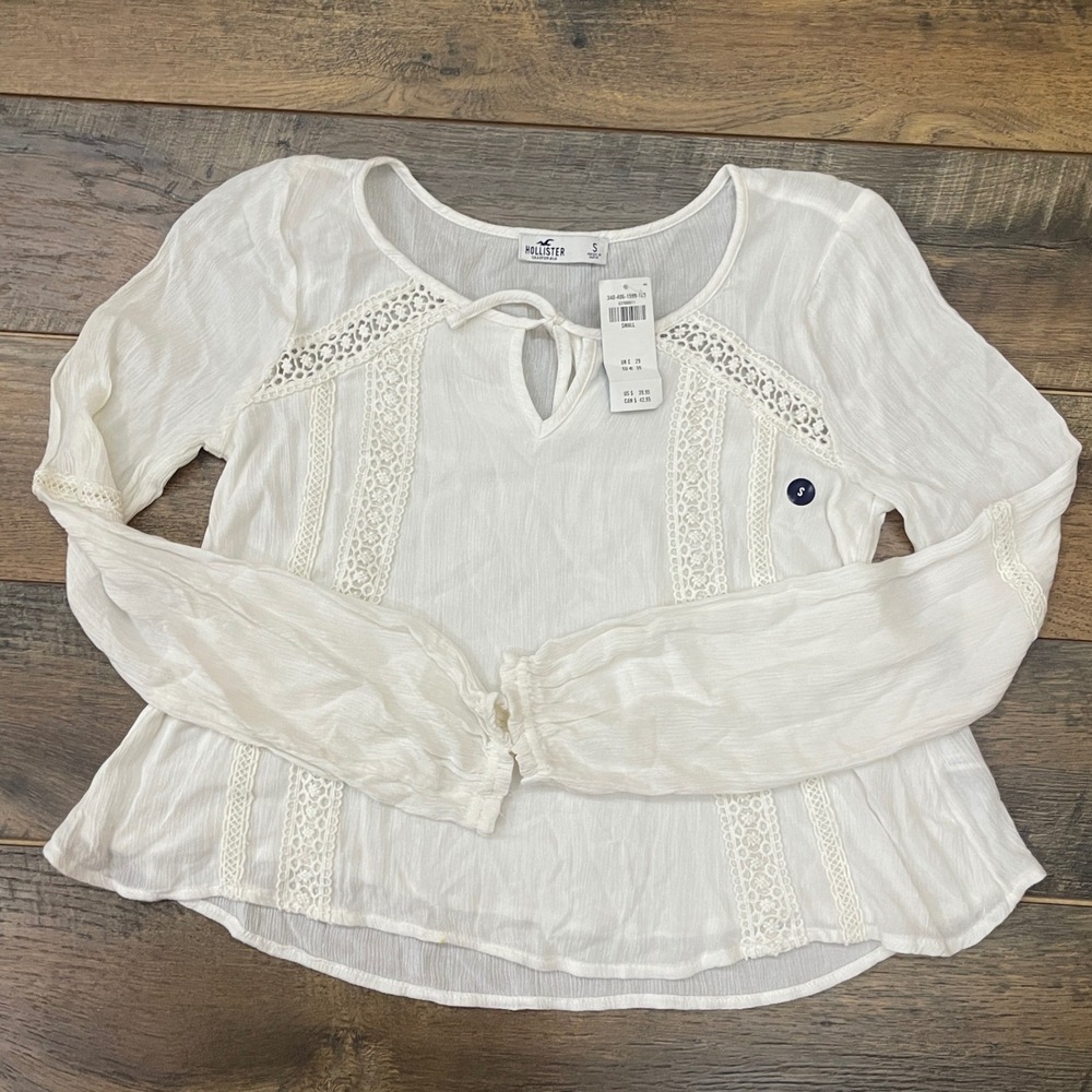 Hollister White Crochet Lace Long Sleeve Peasant Boho Blouse S NWT Semi Sheer